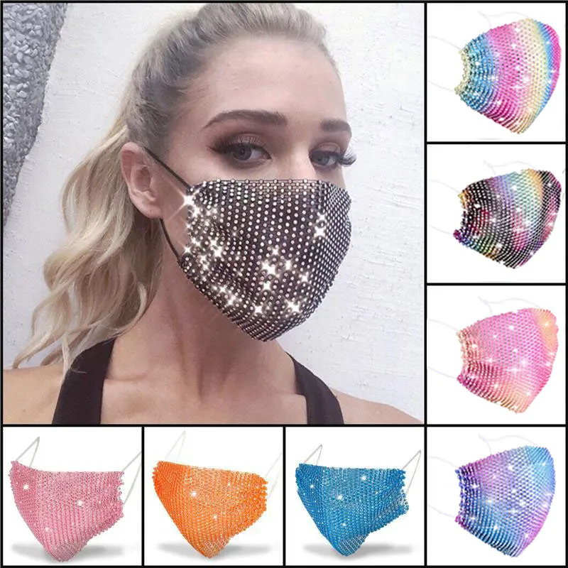 50pcs DHL Ship Fashion Colorful Mesh Designer Party Face Mask Bling Diamond Rhinestone Grid Net Sexy Hollow Masks Reuseable