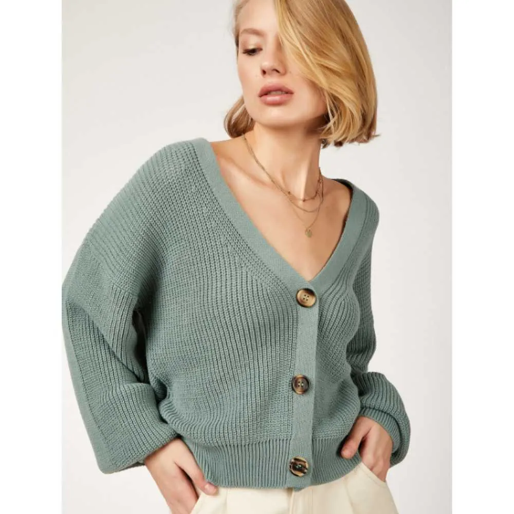 Femmes automne 2020 doux vert surdimensionné décontracté bouffée à manches longues bouton tricoté détaillé pull manteau hiver chaud X0721