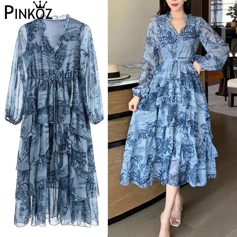 Runway Designer Spring Women Holiday Long Dress Vintage Layers Ruffles Chiffon Printed Jacquard Tie V Neck Midi Dresses 210421