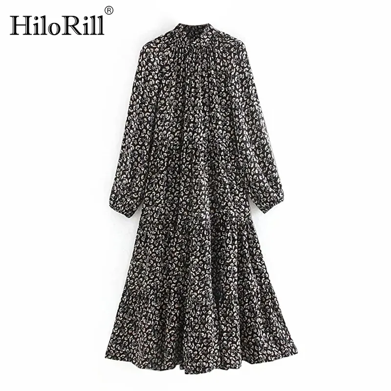 Retro suelto estampado plisado vestido Batwing manga larga Casual Midi mujeres cuello alto Vintage otoño Vestidos 210508