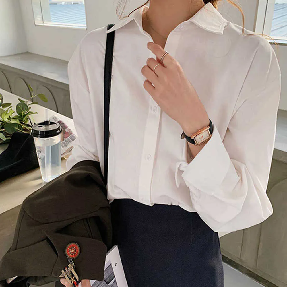 Jocoo Jolee Elegant Office Lady Shirt Casual Long Sleeve Solid Turn-down Collar All-match Loose Tops and Blouses Oversized Tunic 210619