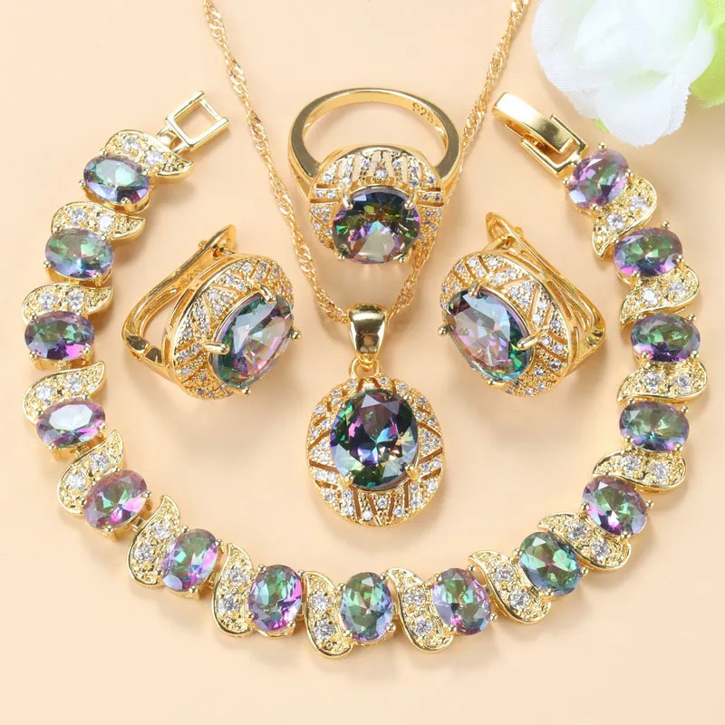 2021 Arrival Gold-Color Wedding Ring Jewelry Rainbow Stone Charm Bracelet Necklace Sets African Women Accessories