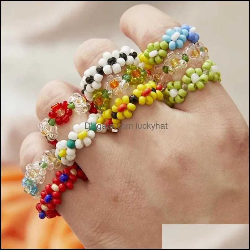 BoHo Small  Style Multi-color Small Flower Ring Handmade Rice Beads Ring For Women Girls Beach Party Jewelry