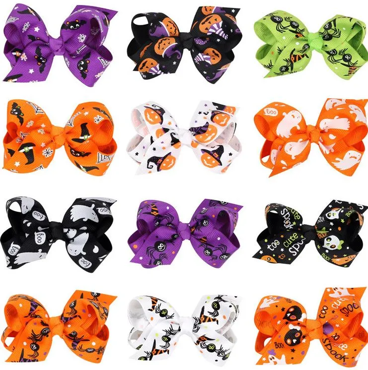 Halloween Hair Clips Grosgrain Ribbon Bows Pumpkin Printed Girls Barrettes Cartoon Hairpin Kids Accessories Wholesale 14 Designs DW5889