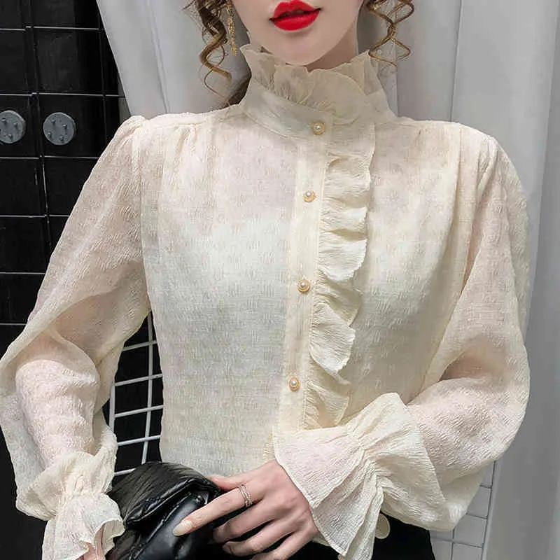 Lange mouwen Blouse Vrouwen Blusas Mujer de Moda Ruches Chiffon Blouse Shirt Casual Turtleneck Blouse Tops Dames Blouses E243 210426