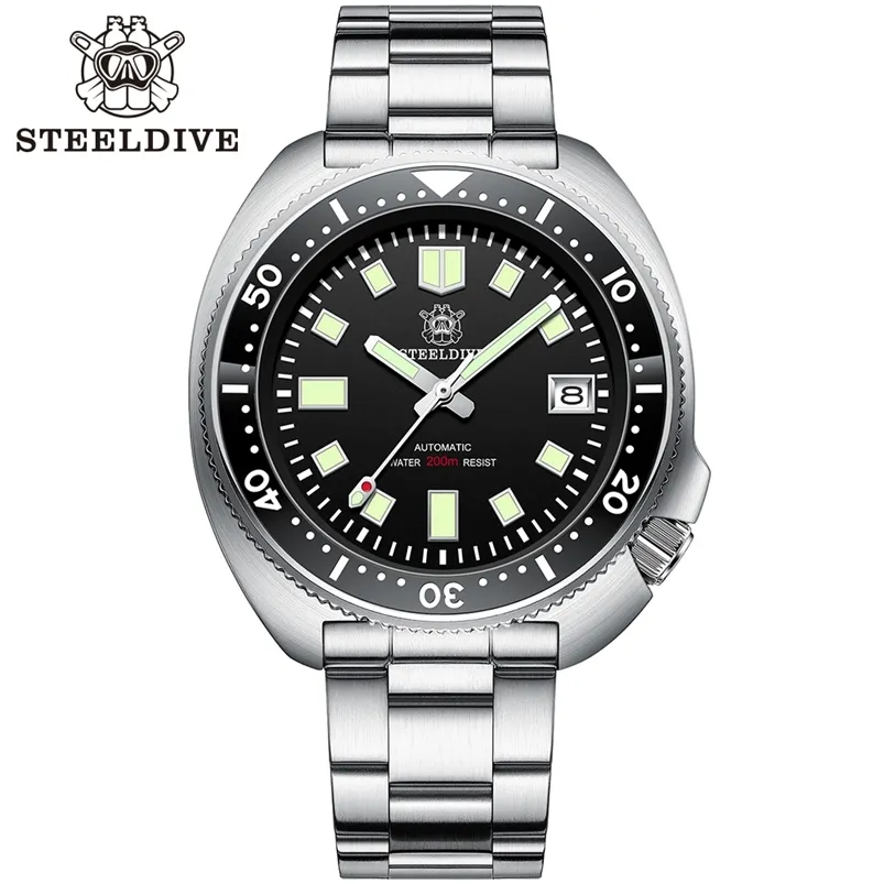 Steeldive sd1970 vit datum bakgrund 200m wateproof NH35 6105 Turtle Automatic Dive Diver Watch 210804