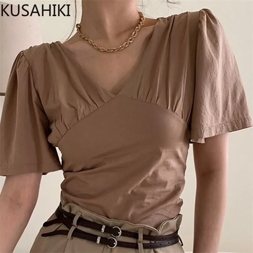 Chic Summer Woman Tshirts Korean Folds V-neck Puff Sleeve Graphic Tee Elegant Slim Tops Shirt Femme 6H976 210603