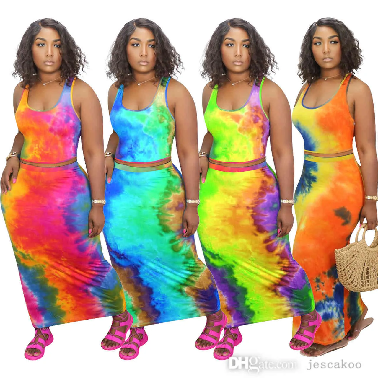 Women Long Maxi Dresses Tie Dye Designer Printed Sleeveless Suit Two Piece Set Club Mini Pencil Skirt Plus Size Casual Clothing