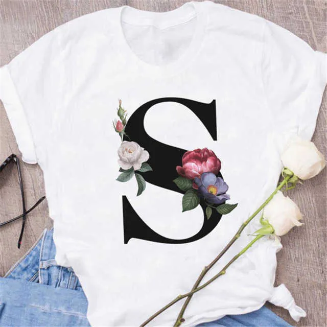 Custom Name Combination Womens Tshirts High Quality Printing T-shirt Flower Letter A B C D E F G Short Sleeve Clothes X0527 7M79