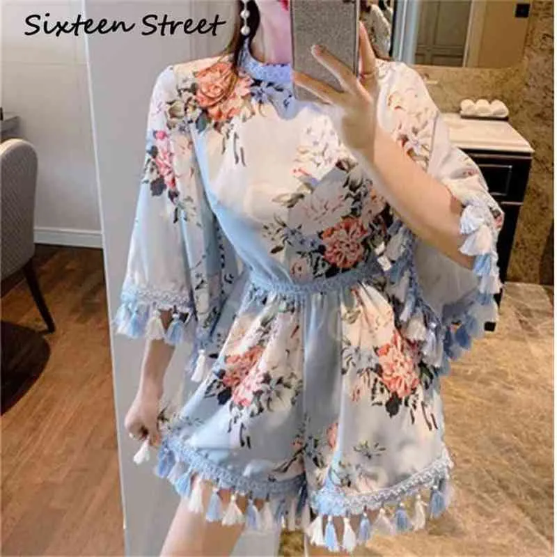 Tassel Woman Playsuits Light Blue O-Neck Kwiatowy Drukowane Wiosna Jesień Krótkie Kombinezony Pajaczki Kobiet Runway Design 210603