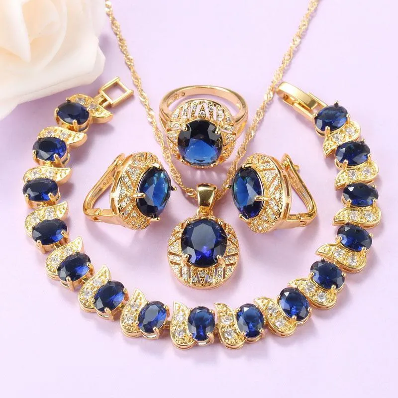 Ohrringe, Halskette + hochwertiger blauer Zirkon in Goldfarbe, afrikanisches Schmuckset für Frauen, trendiges Kostüm-Clip-Charm-Armband und Ring