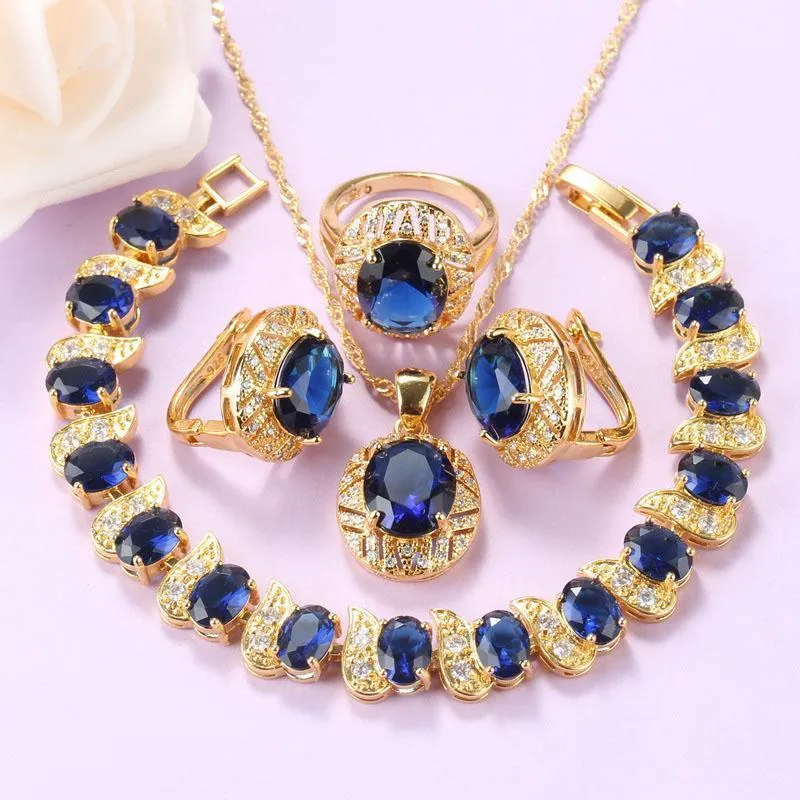 Oorbellen Ketting + Kwaliteit Blauw Zirkoon Goud Kleur Afrikaanse Sieraden Set Voor Vrouwen Trendy Kostuum Clip Bedelarmband En Ring