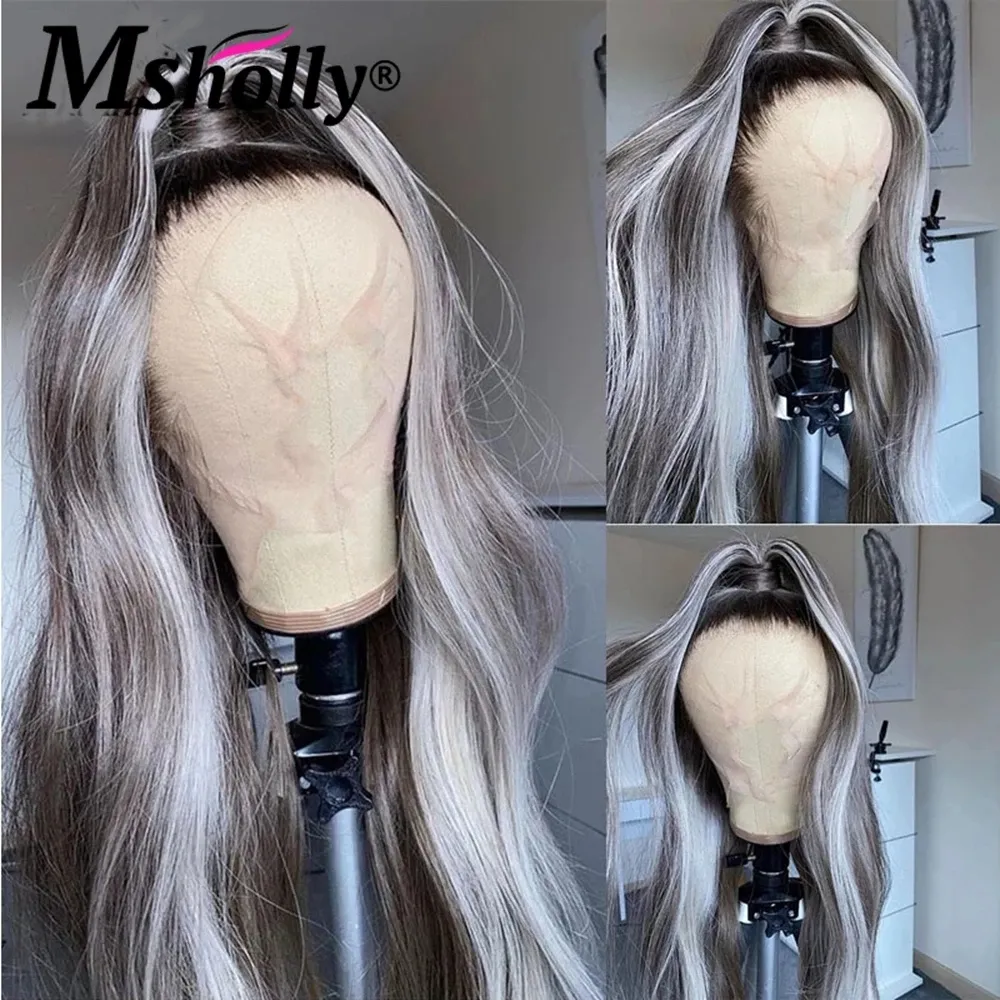 Bezpłatna część Ombre Gray Color Brazylijskie koronki Przysdyny z włosów z dzieckiem 13 * 4 Body Wave Syntetyczna peruka dla kobiet