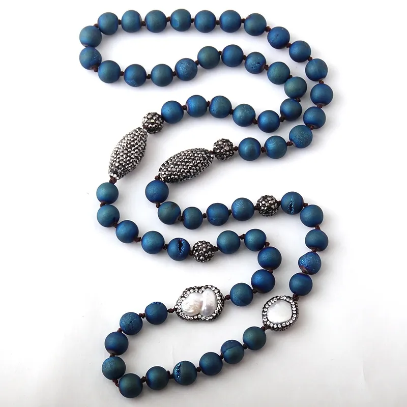 Fashion Blue Druzy Knotted Halsband Handmake Paved Natural Stone and Pearl Beads Halsband