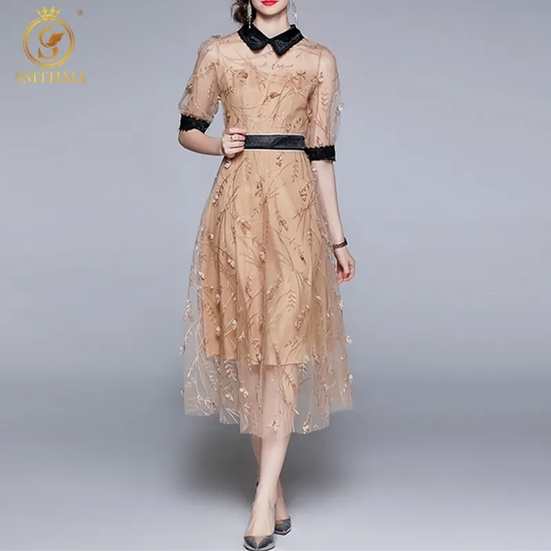 ファッション女性の夏のドレスヴィンテージエレガントな半袖メッシュ刺繍パーティーロングドレスvestidos 210520