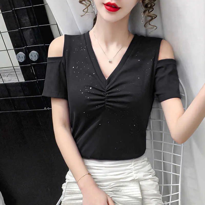 Summer Tees T Shirt Women Fashion Folds Top Kobieta V-Neck Krótki Rękaw Off Ramię Tee Koszula Femme Topy Koszule Purple White 210604