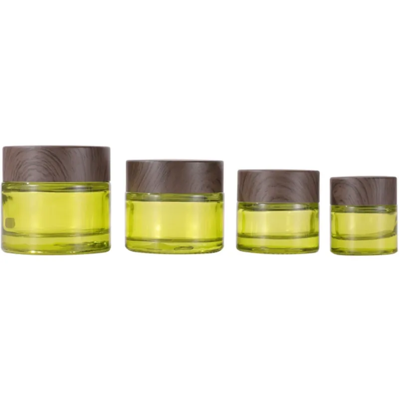 Kosmetikdosen aus olivgrünem Glas, leere Make-up-Probenbehälter, Flasche mit Holzmaserung, auslaufsichere Kunststoffdeckel für Lotion
