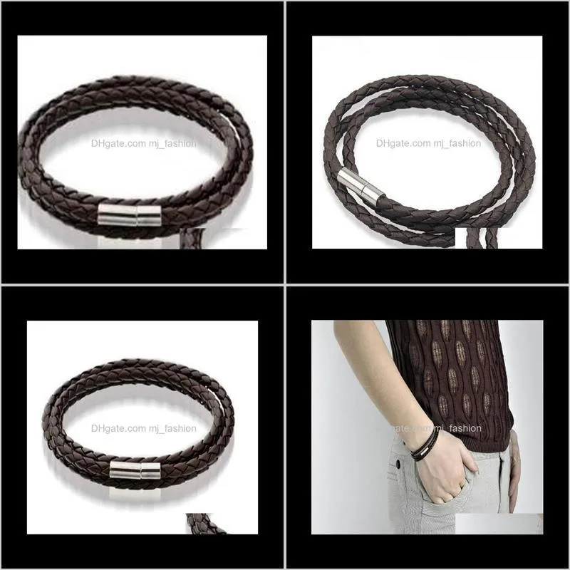 mens leather bangle bracelets black/brown mesh magnetic stainless steel clasp double wrapps1457