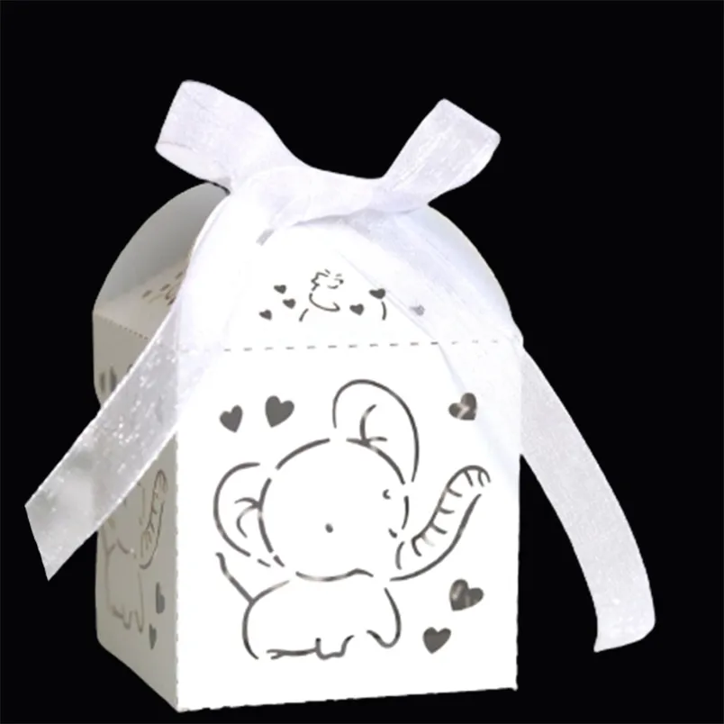 50pcs éléphant découpé au laser faveurs de mariage boîte-cadeau bricolage boîtes de bonbons creuses avec ruban bébé douche fiançailles fête de mariage décor 211216