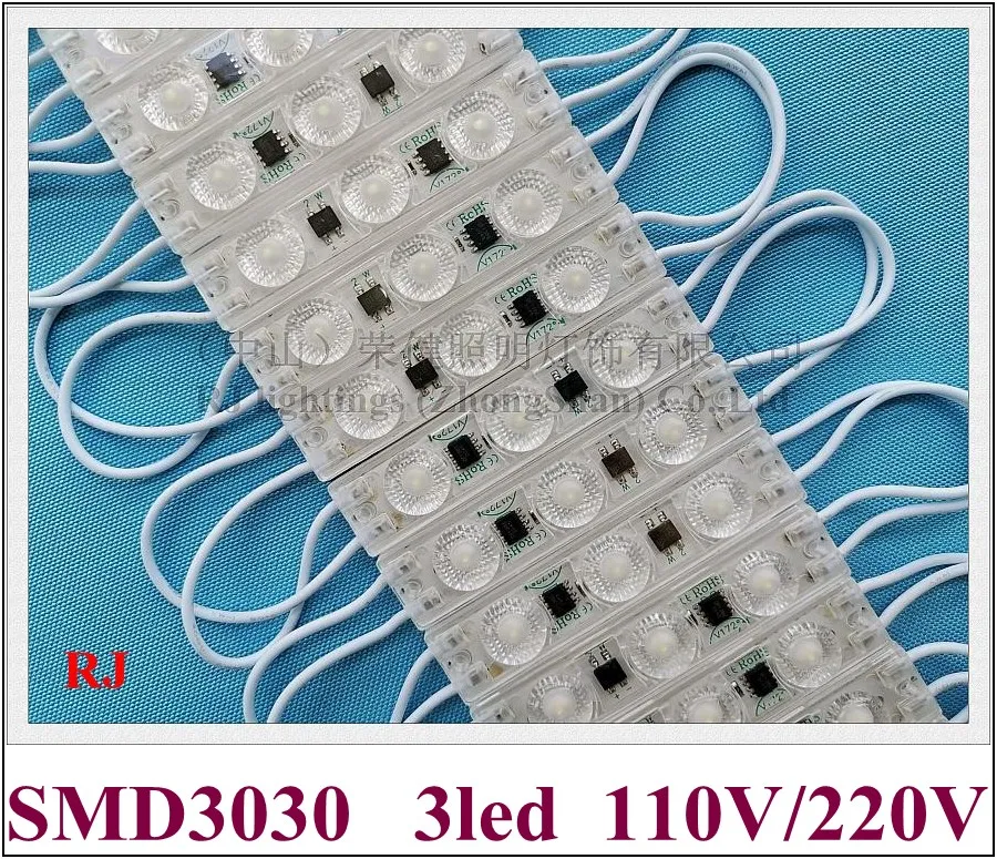 AC 220V 110V LED 조명 모듈 확산 렌즈 172 빔 각도 초음파 씰링 방수 70mm x 15mm x 8mm SMD 3030 3 LED 2W IP65