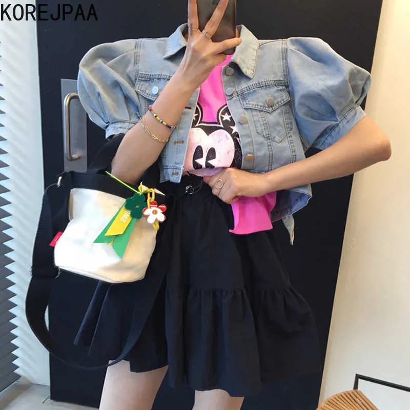 Korejpaa Women Sets Summer Korean Chic Ladies Retro Loose Short Puff Sleeve Denim Jacket High Waist Drawstring A-line Skirt 210526