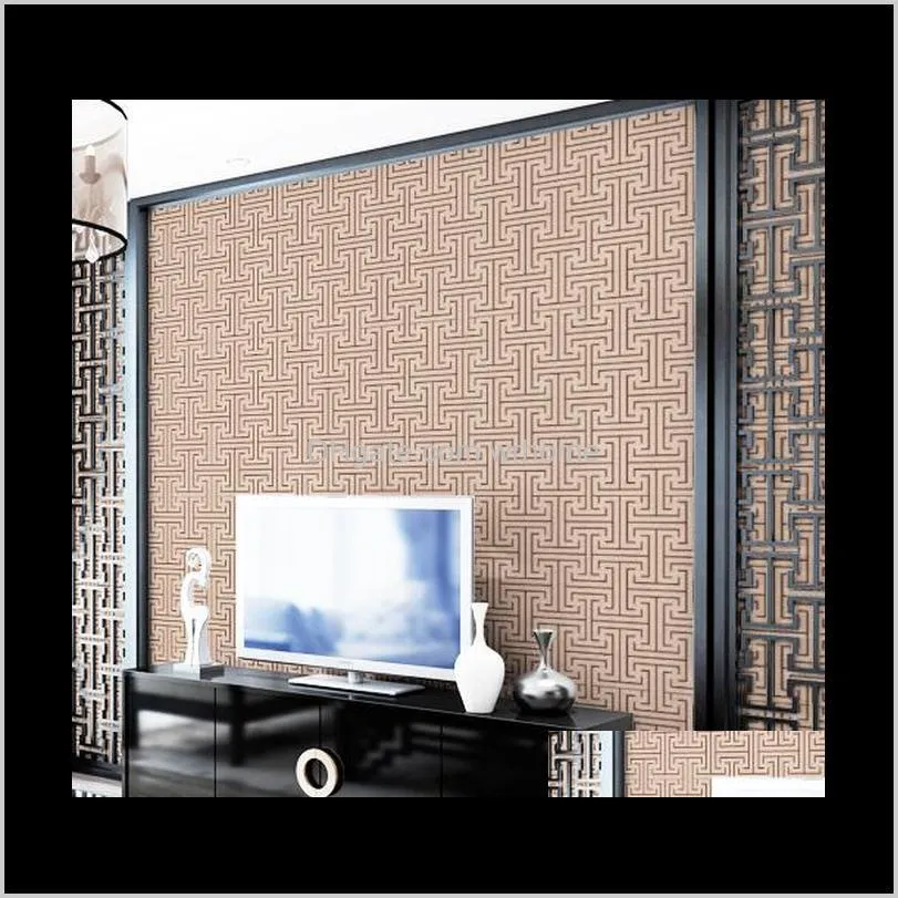 Relief Geometric Wallpaper 3d Thickened Deerskin Velvet Living Room Tv Background Gray Beige Fret Wallpaper New Chinese Style1