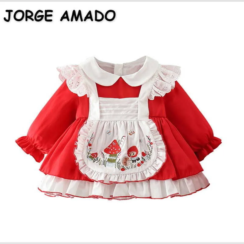 Venda por atacado primavera meninas bebê vestido algodão vermelho bordado manga longa lolita princesa crianças desgaste + chapéu E9136 210610