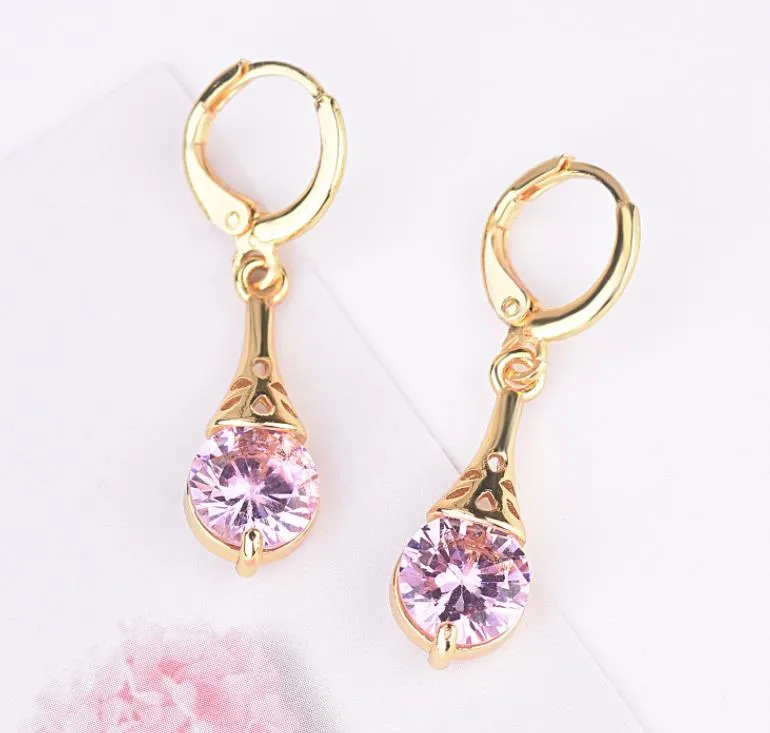 Clipon Screw Back Arrival Gold Plated Cz Dangle Earrings For Lady Women Colorful Crystal Stone Clip On Earring Gift Jewelry Pink Red