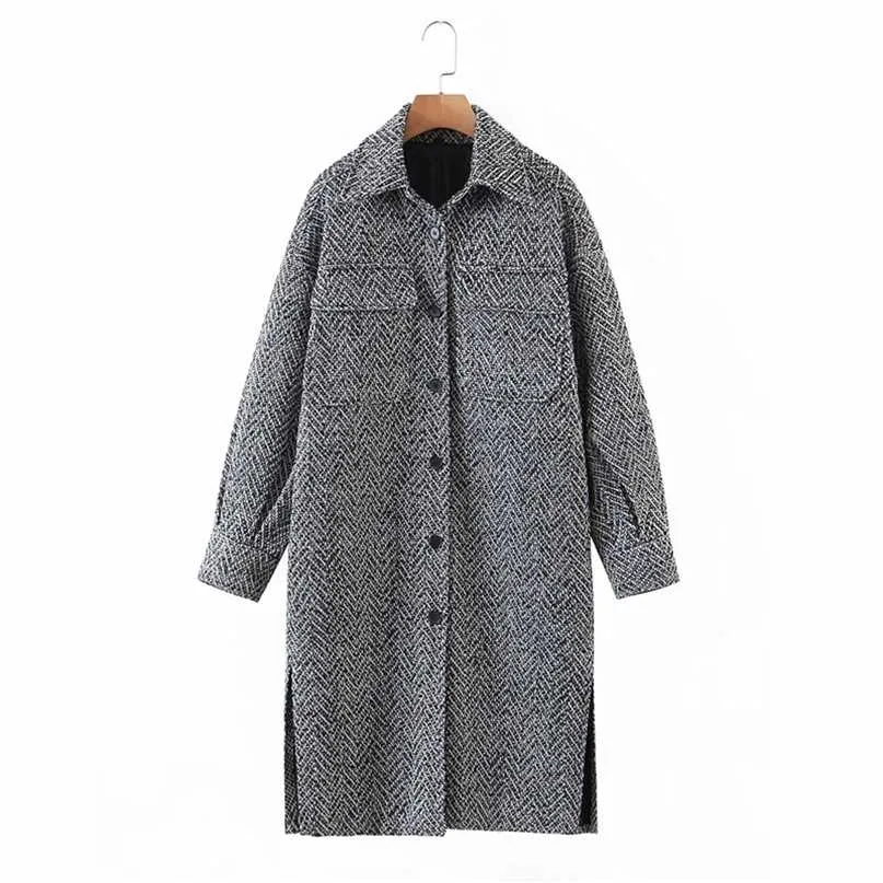 Merodi Women Fashion Fashion Woolen Gray ZA Coats Female Sode Single Single Office Outwear Bockets Long Jackets Ovesize 211025