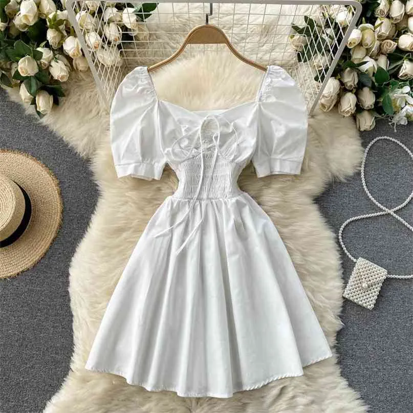Kvinnors sommarklänning Fashion Short Sleeve Stretch Slim White A-Line Kläder Vintage Vestidos S332 210527
