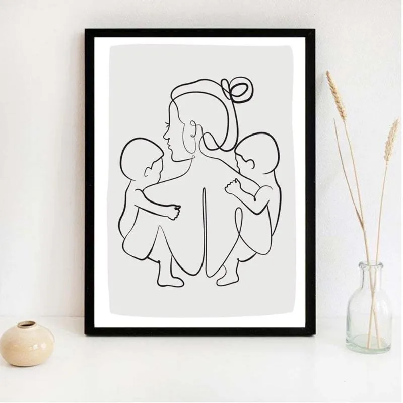 Family Portrait Mom Two Baby Art Line Drawing Posters Abstract Minimalist Wall Canvas Print Painting Nursery Decorative Pictures Paintings