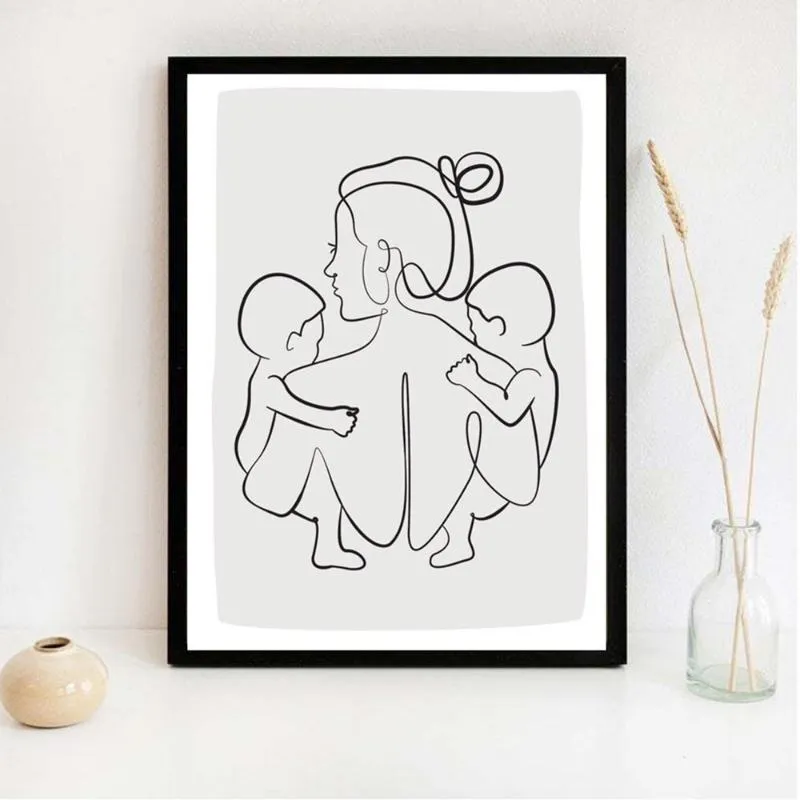 Ritratto di famiglia Mamma Due Baby Art Line Drawing Poster Astratto Minimalista Parete Stampa su tela Pittura Vivaio Immagini decorative Dipinti