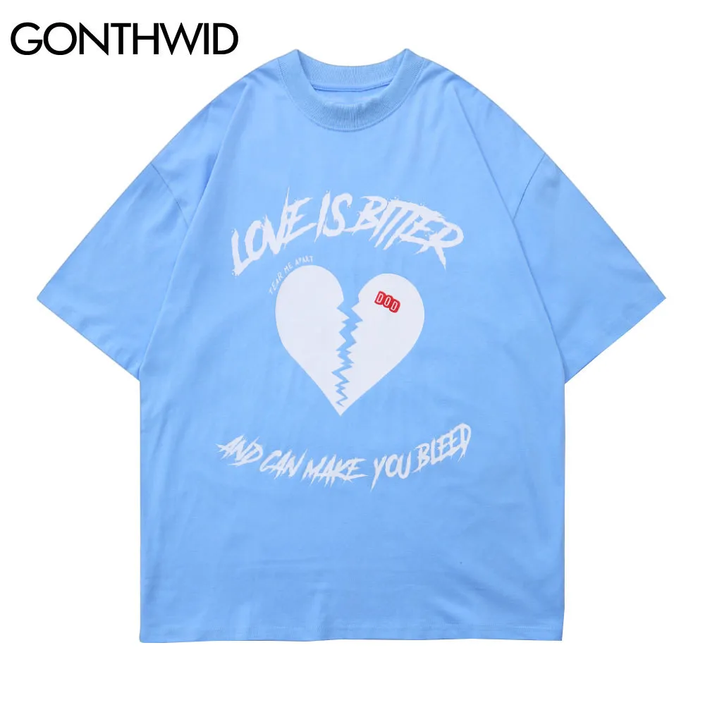 Gonthwid Hip Hop T-Shirt Streetwear HARAJUKU Aşk Acı Kalp Tişörtleri Rahat Pamuk Gevşek Tees Gömlek Erkekler Kısa Kollu C0315 Tops