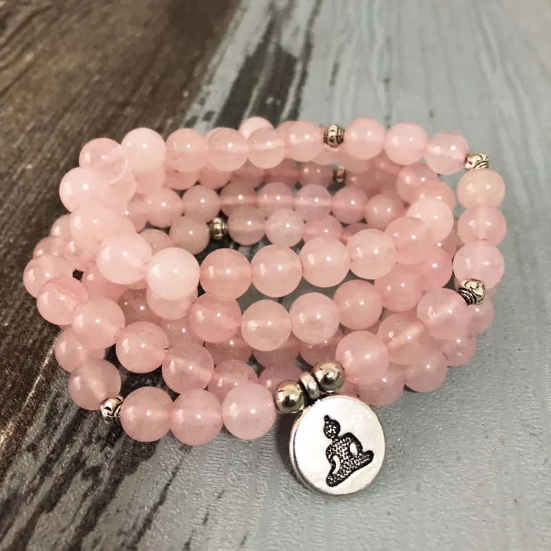 Mulheres buddha yoga pulseira rosa 108 rosequartz rosa pedra natural mala pulseiras senhoras lótus