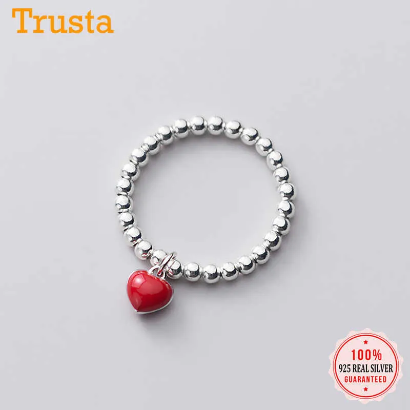 TrustDavis Minimalist Real 925 Sterling Silver Swill Beads Red Heart Elastic RingsレディースウェディングパーティーS925ジュエリーDA1376 x0715