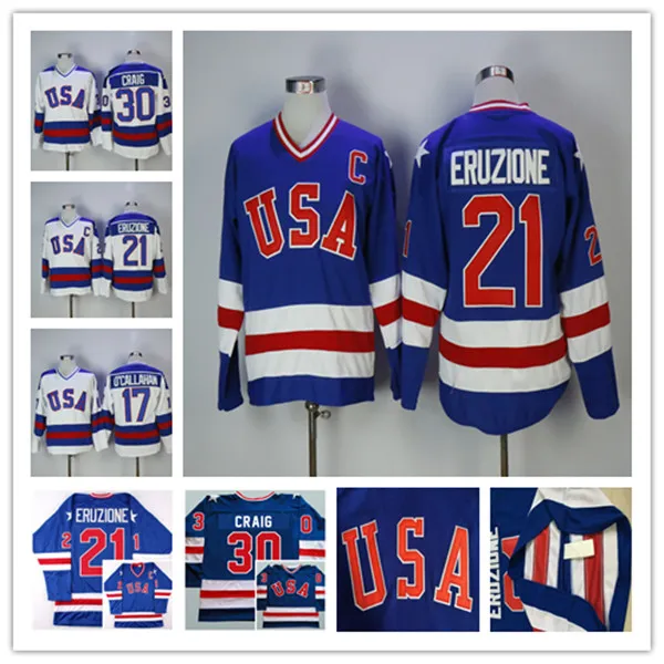 1980 Man Retro USA Maglie da hockey su ghiaccio 17 Jack Ocallahan 21 Mike Eruzione 30 Jim Craig Colore Blu Bianco Cucito Uniformi da corsa