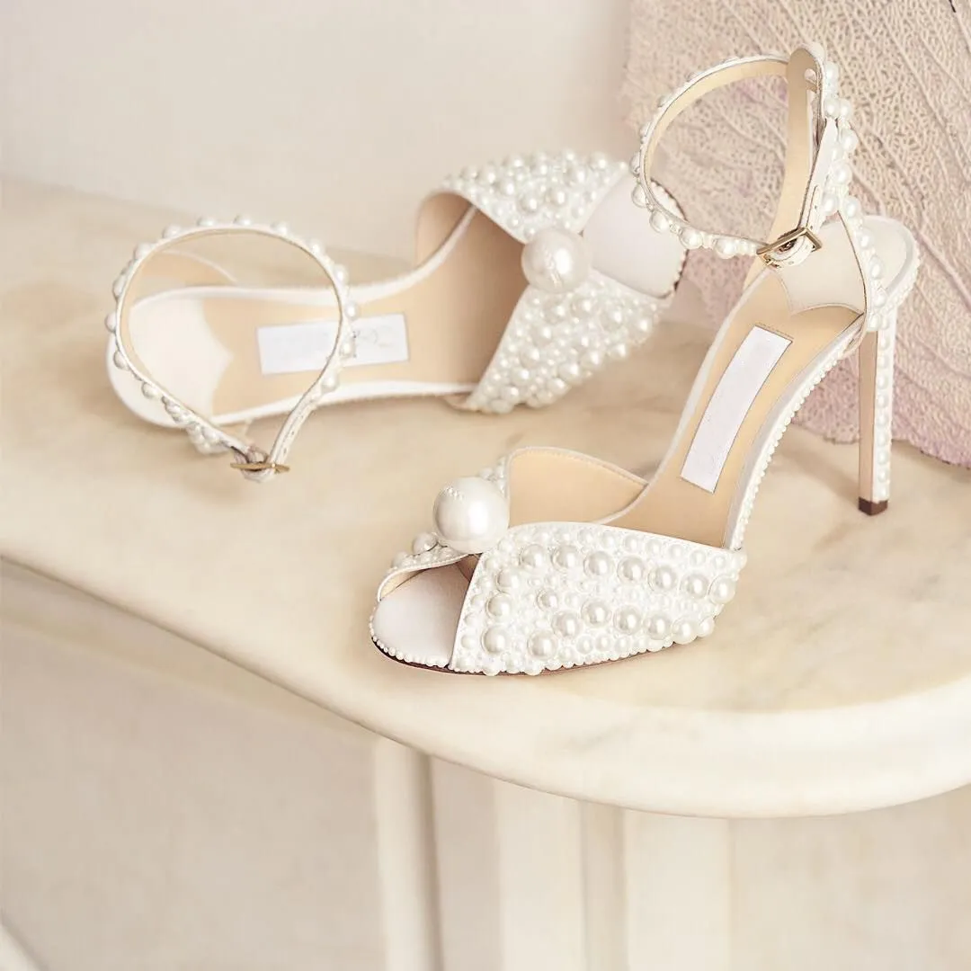 Women Wedding dress bride shoes White Satin Platform Sandals with All-Over Pearl Embellishment sandal high heel platforms chunky heels 35-42