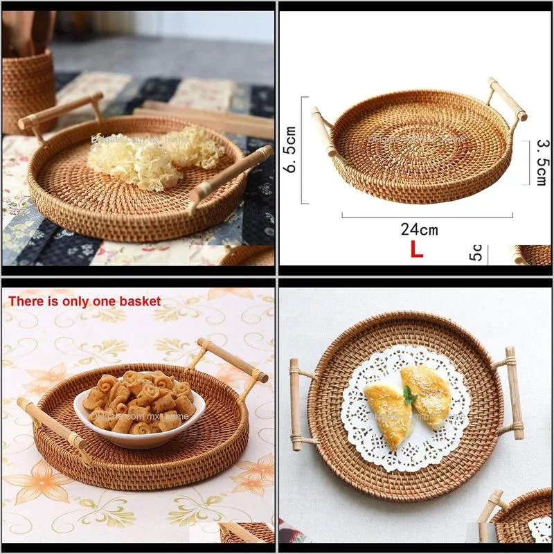 rattan storage tray, round basket with handle, hand-woven, tray wicker bread fruit breakfast display l baskets