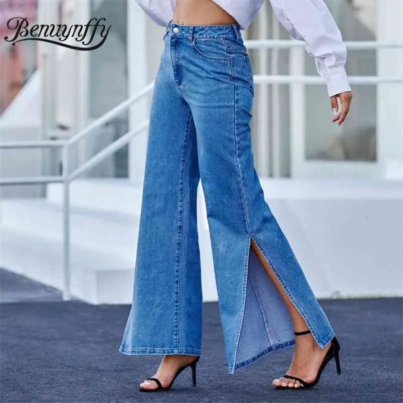Fashion Spring and Autumn Split Hem Wide Leg Jeans Women Button Fly Casual Streetwear High Waist Mom Jenas 210510