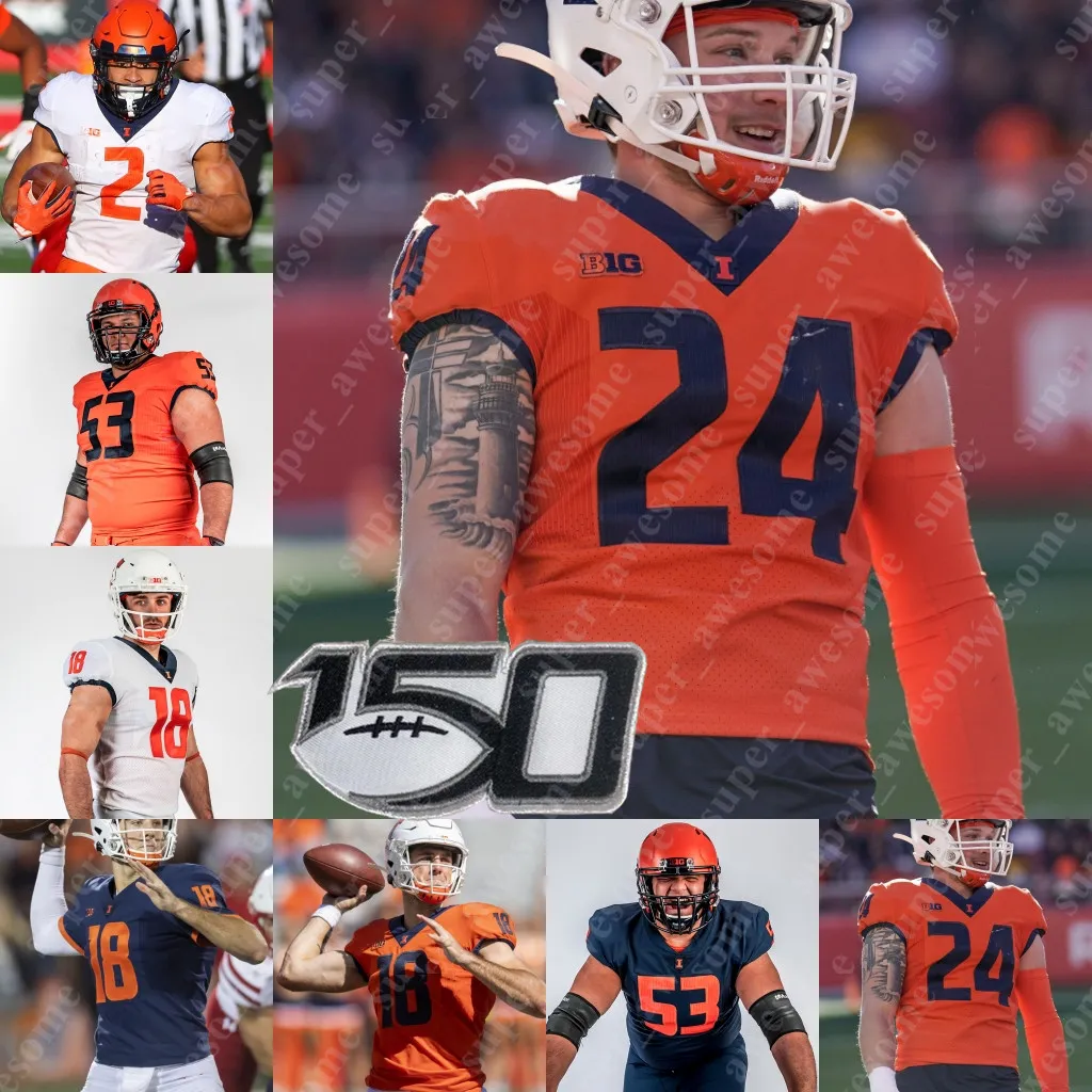 Fotbollströjor Illinois Football Jersey Tommy Devito Isaiah Williams Chase Brown Jartavius ​​Martin Brian Hightower Gabe Jacas Devon Witherspoon Johnny Newton