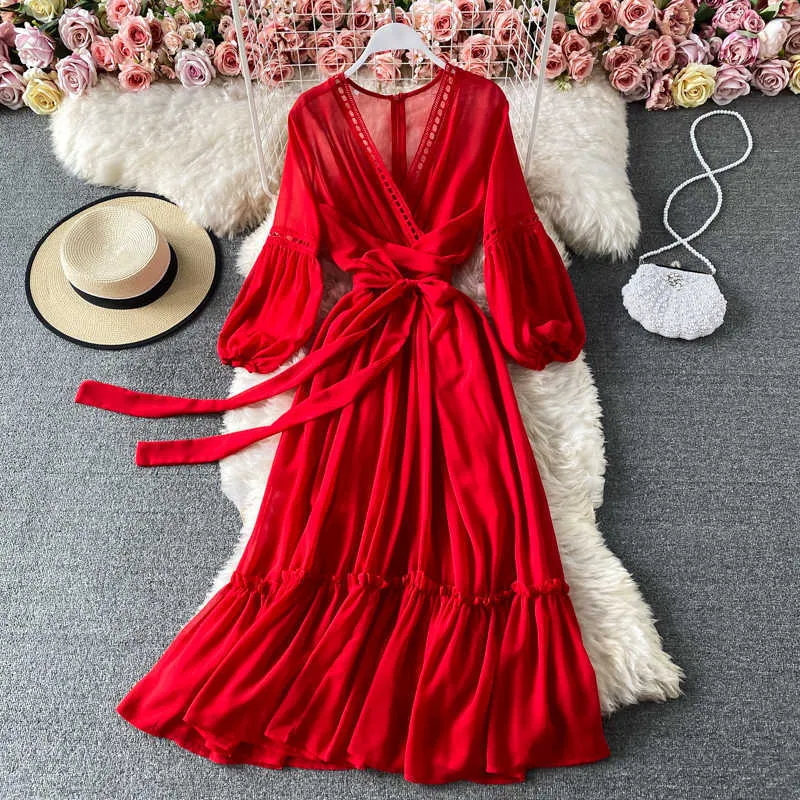 Vestido largo rojo Vintage para mujer, vacaciones, playa, farol, manga larga, cintura alta, Vestidos ajustados, bata de fiesta para mujer, primavera otoño 2021 Y0603