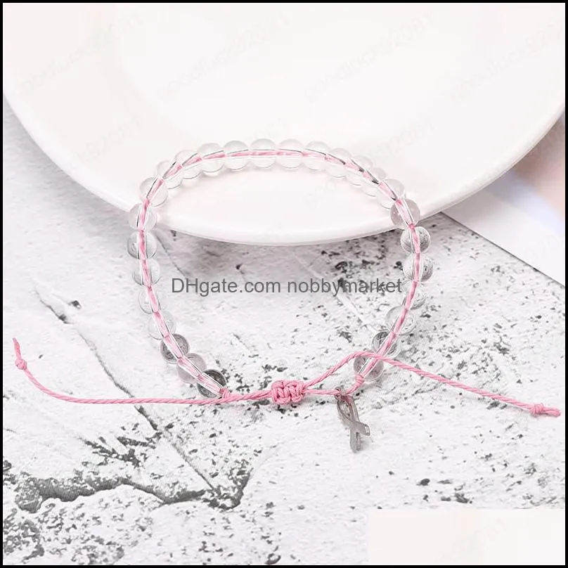 Breast Cancer Awareness Charm Bracelet Transparent Glass Beads Bracelet for Womens Jewellery Handmade Rope Jewelry Trendy 2020