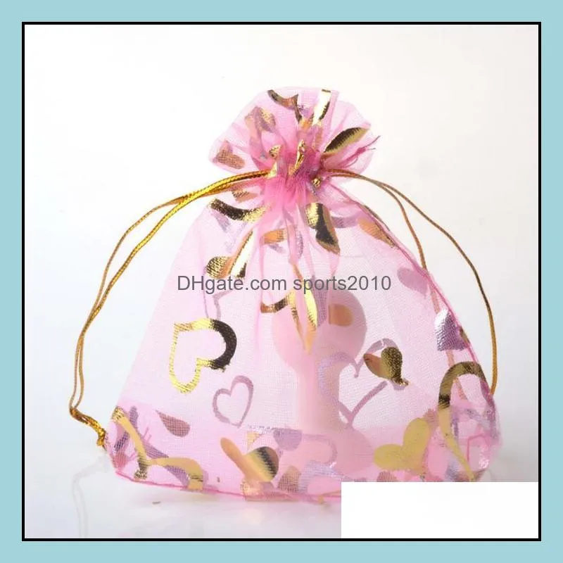 200Pcs Gold Heart Organza Drawstring Bags Wedding Favor Gift Bag 9X12 cm ( 3.5 x 4.7 inch) Multi Colors LX1713