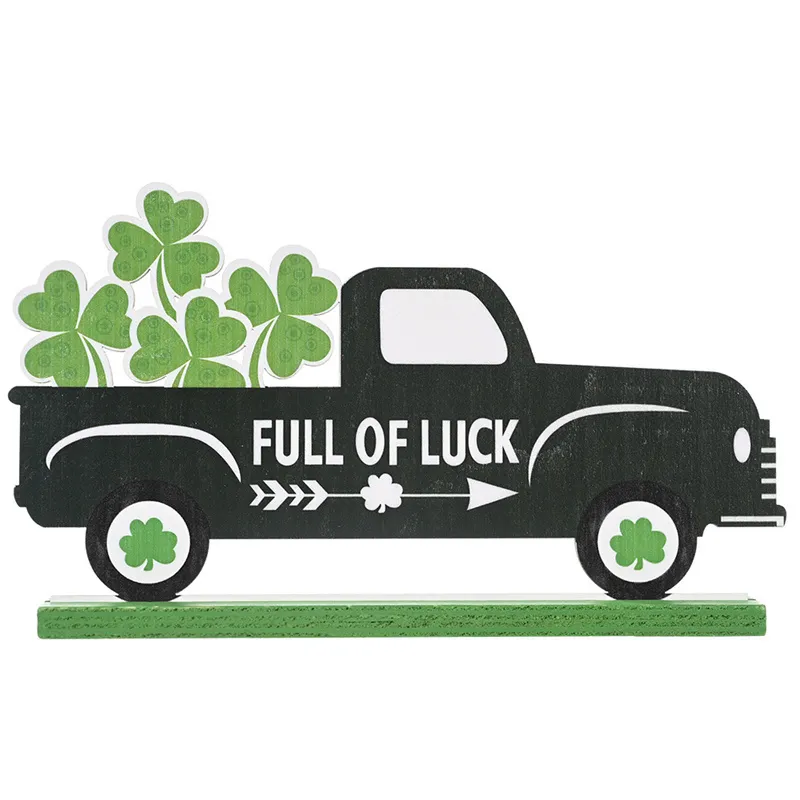 St. Patricks Day Party Table Sign Decoration Lucky Shamrocks Green Truck Wooden Tabletop Home Office Ornaments