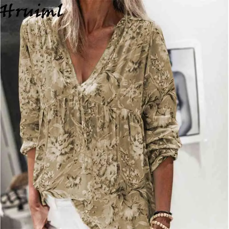 V-Neck Print Long Sleeve Women Blouses Plus Size Ruched Casual Blouse Streetwear Fashion Tops Vetement Femme 210513