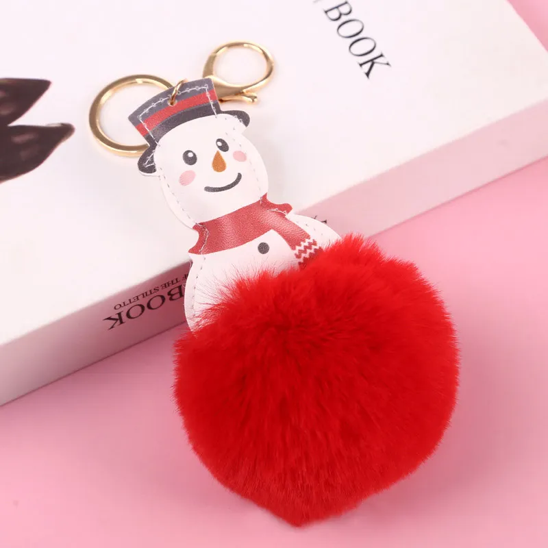 Big Red Santa Claus Fluffy Key Chain Party Gifts Faux Rabbit Fur Ball Pom Keychains Women Bag KeyRing HH21-465