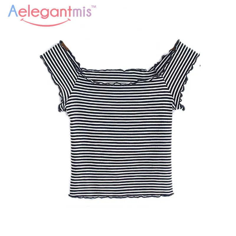 Aelegantmis Summer Listrado Off Ombro Top Mulheres Listras Curto T-shirt T-shirt T-shirt Ladies Slash Pescoço S Fêmea Sexy 210607