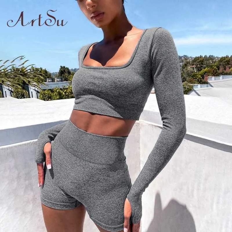 Artsu vrouwen kleding solide 2 stuk skinny elastische hoge outfits set katoenen crop top biker shorts fitness trainingspak nieuw as41090 y0702