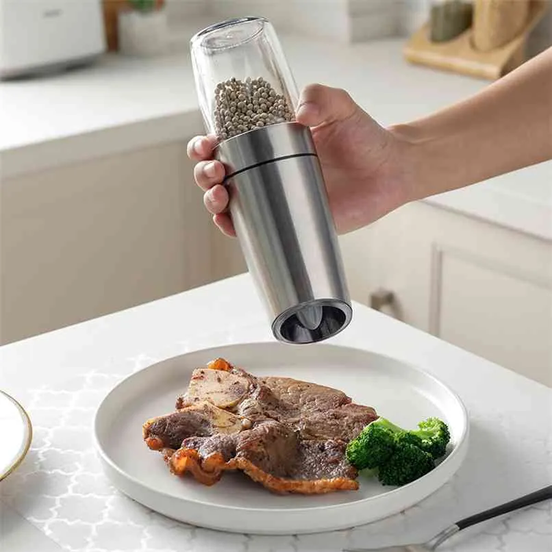 Automatic Salt & Pepper Grinder Gravity Electric Spice Mill Adjustable Spices With LED Light Kitchen Device Kitchenware 210712