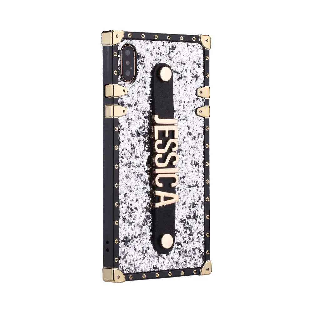 Moda Özel Glitter Trunk Durumda Tutma Askı Altın Metal Kişiselleştirilmiş Adı Telefon Kılıfları Için iPhone 12 11 Pro XS Max XR 7Plus 8 8Plus X